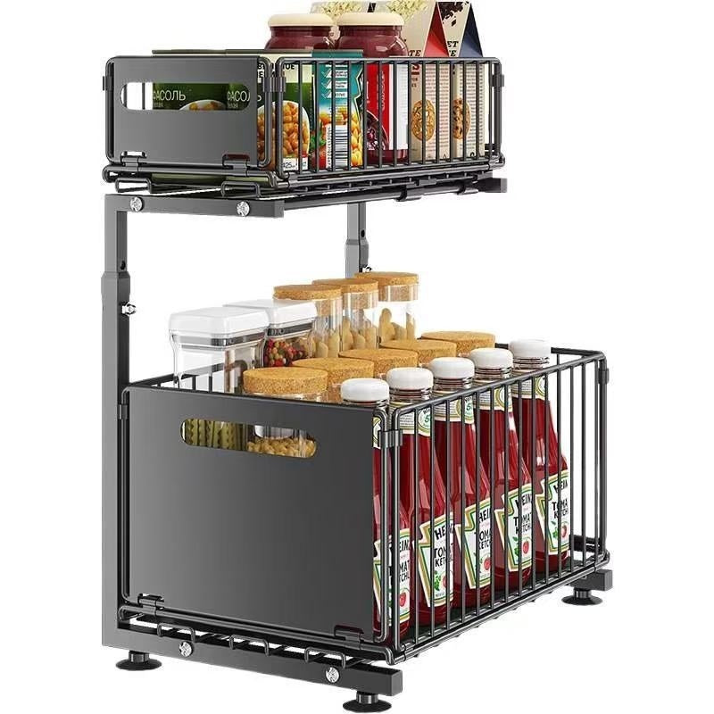 Under Sink Double Layer Pull Out Storage Rack For The Kitchen Sink