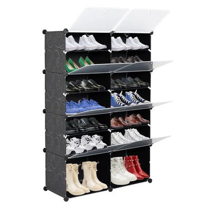 7-Tier Portable 28 Pair Shoe Rack Organizer 14 Grids Tower Shelf Storage Cabinet Stand Expandable For Heels, Boots, Slippers, Black RT