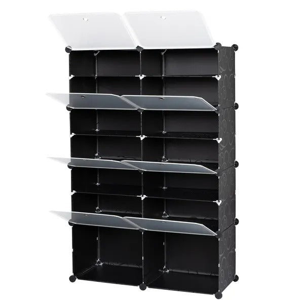7-Tier Portable 28 Pair Shoe Rack Organizer 14 Grids Tower Shelf Storage Cabinet Stand Expandable For Heels, Boots, Slippers, Black RT