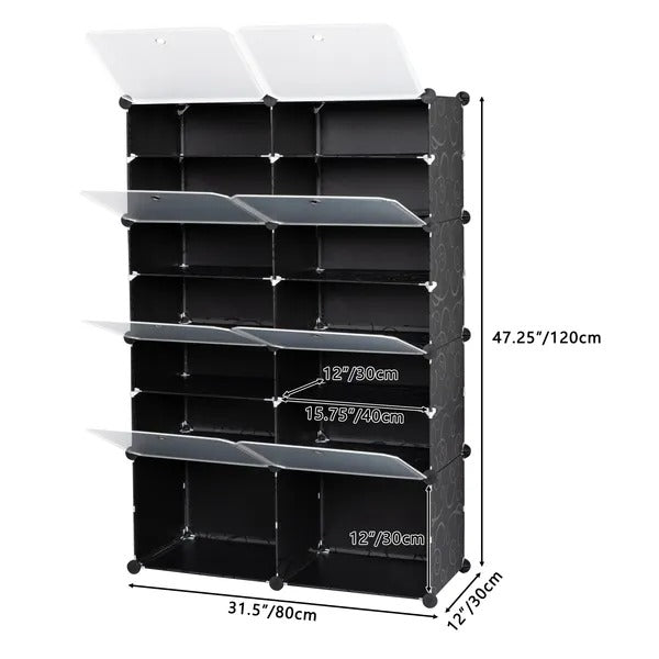 7-Tier Portable 28 Pair Shoe Rack Organizer 14 Grids Tower Shelf Storage Cabinet Stand Expandable For Heels, Boots, Slippers, Black RT